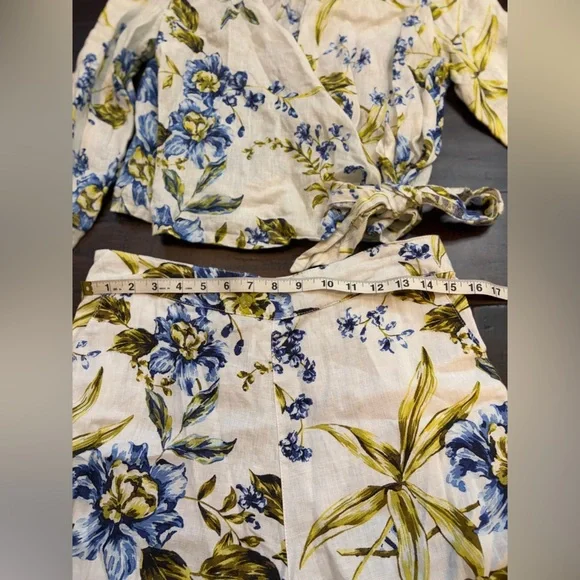 Joie 100% linen resortwear vacation Floral Blouse pant set wide leg cropped - Picture 10 of 10